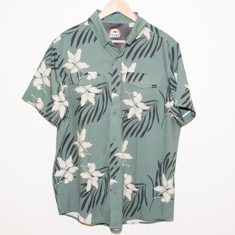 Hurley Green Hawaiian Print Short Sleeve Button Down Tech Shirt